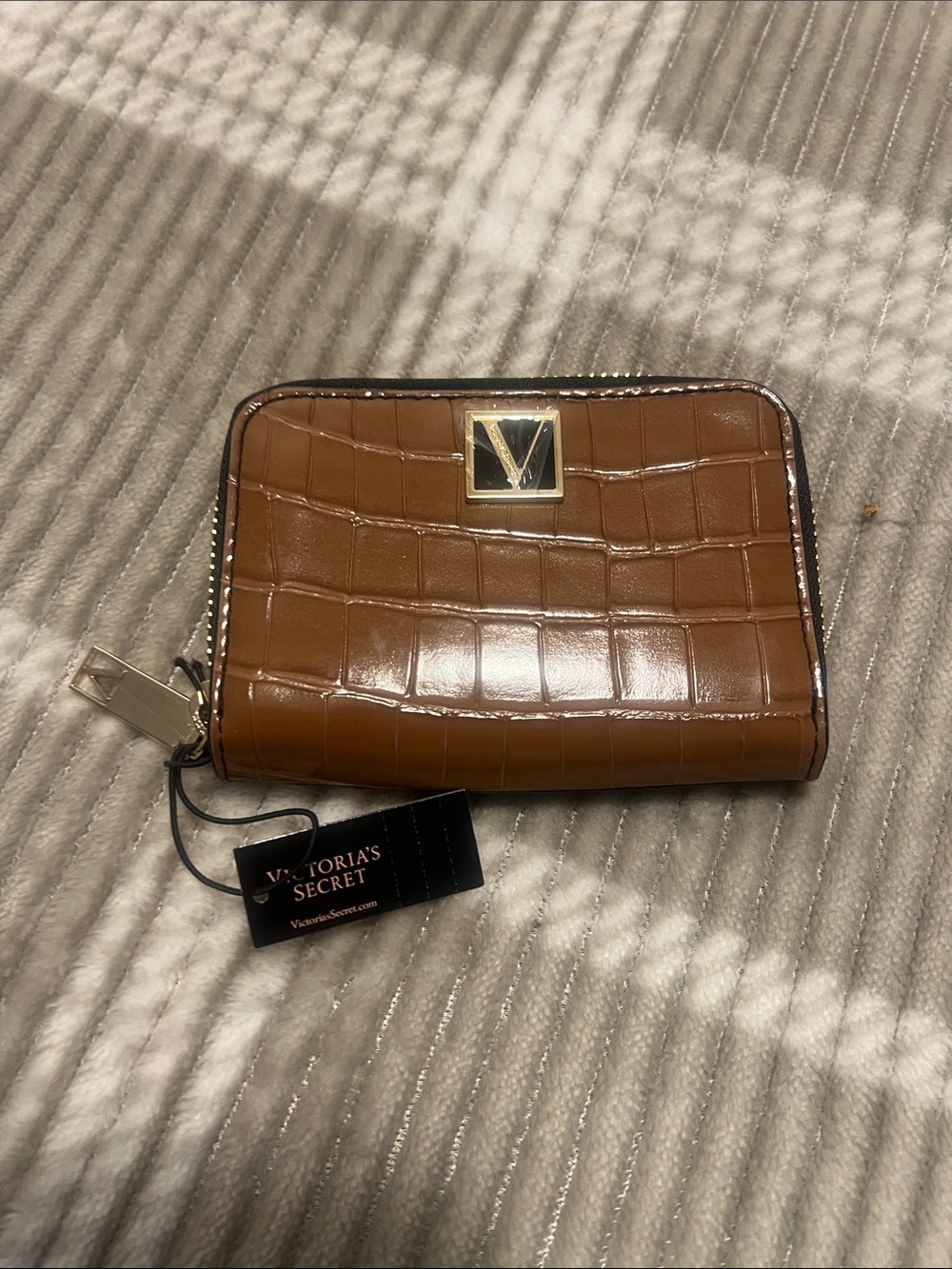 Victoria's Secret Brown Croc-Embossed Zip Wallet with Gold Accent